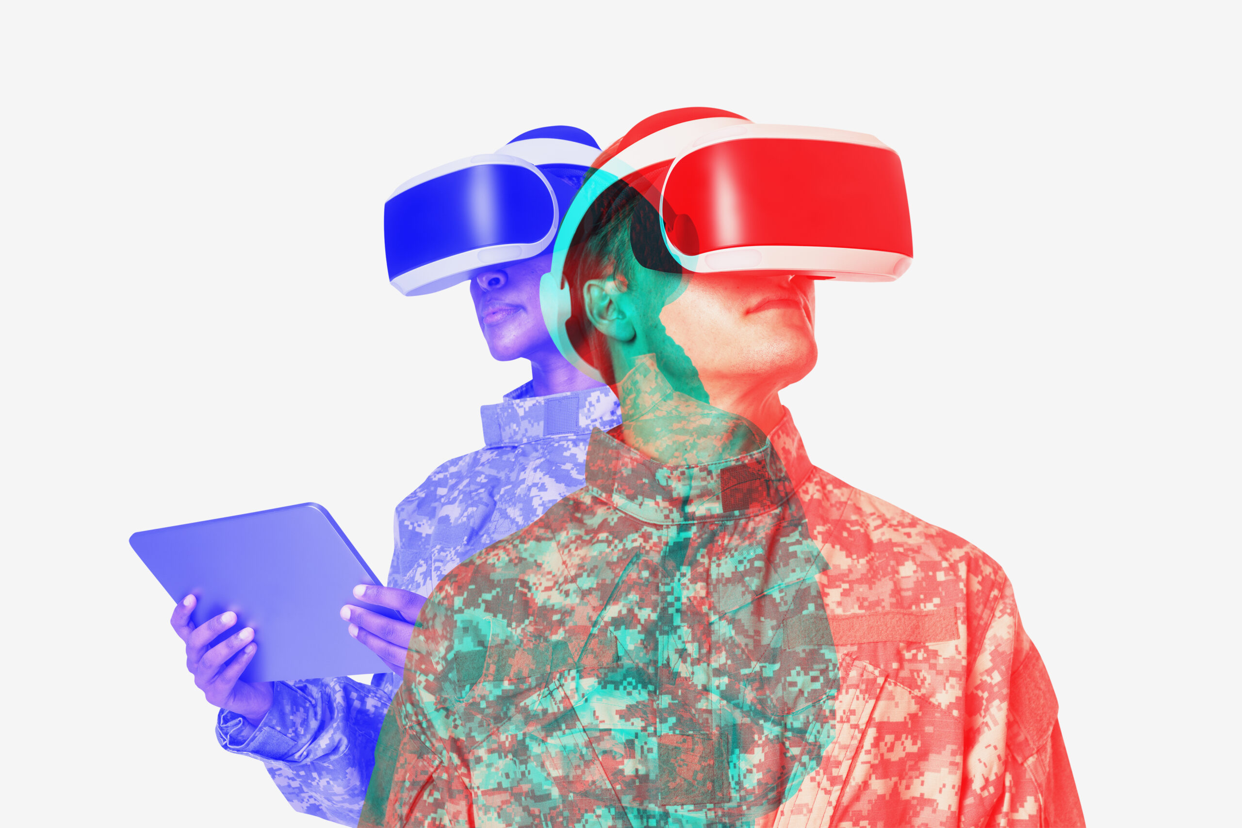 Female military wearing VR headset army technology in double color exposure effect